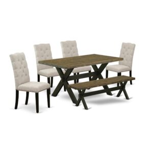EAST WEST FURNITURE 6-PC DINING TABLE SET WITH 4 MODERN DINING CHAIRS - MID CENTURY MODERN BENCH AND RECTANGULAR MODERN DINING TABLE
