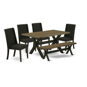 EAST WEST FURNITURE 6-PC DINING ROOM SET WITH 4 PARSON DINING CHAIRS - MID CENTURY MODERN BENCH AND RECTANGULAR WOOD DINING TABLE