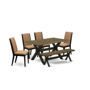 EAST WEST FURNITURE 6-PC RECTANGULAR DINING ROOM TABLE SET WITH 4 PARSON DINING CHAIRS - DINING ROOM BENCH AND RECTANGULAR WOOD TABLE