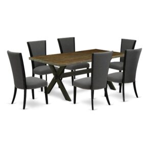 Our Dinner Table Set  Adds A Touch Of Elegance To Any Dining Room That You And Your Family Will Absolutely Enjoy. The Elegant Modern Dining Set  Includes A Rectangular Table And 6 Modern Dining Chairs. This Rectangular Dining Room Table Top Is Offered In A Distressed Jacobean Finish. In Addition
