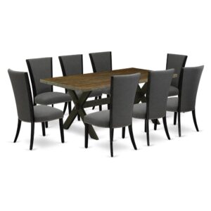 Introducing East West furniture's latest home furniture set that can transform your house into a home. This exclusive and fancy dining set features a kitchen table combined with Parsons Dining Room Chairs. Splendid wood texture with Wirebrushed Black and Distressed Jacobean color and a cross leg design describes the sturdiness and sustainability of the kitchen table. The ideal dimensions of this kitchen table set made it quite simple to carry