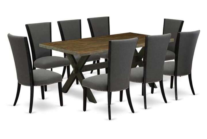 Introducing East West furniture's latest home furniture set that can transform your house into a home. This exclusive and fancy dining set features a kitchen table combined with Parsons Dining Room Chairs. Splendid wood texture with Wirebrushed Black and Distressed Jacobean color and a cross leg design describes the sturdiness and sustainability of the kitchen table. The ideal dimensions of this kitchen table set made it quite simple to carry