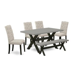 EAST WEST FURNITURE 6-PIECE DINING TABLE SET WITH 4 PADDED PARSON CHAIRS - INDOOR BENCH AND RECTANGULAR WOOD TABLE