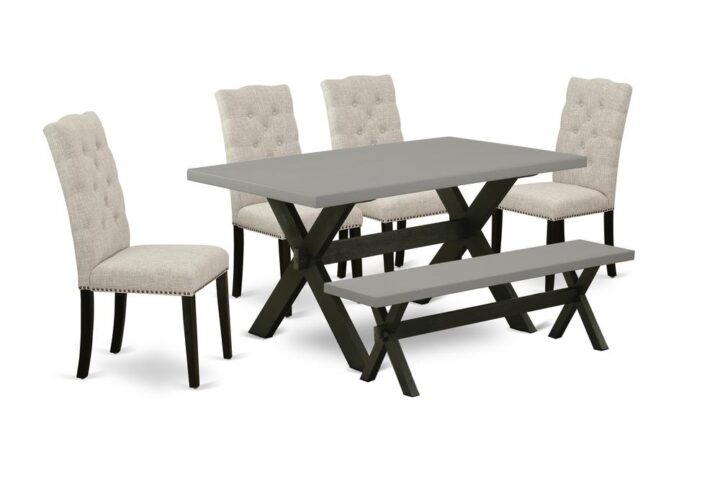 EAST WEST FURNITURE 6-PIECE DINING TABLE SET WITH 4 PADDED PARSON CHAIRS - INDOOR BENCH AND RECTANGULAR WOOD TABLE