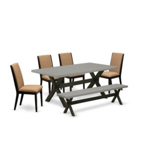 EAST WEST FURNITURE 6-PIECE MODERN DINING TABLE SET WITH 4 MODERN DINING CHAIRS - SMALL BENCH AND RECTANGULAR DINING TABLE