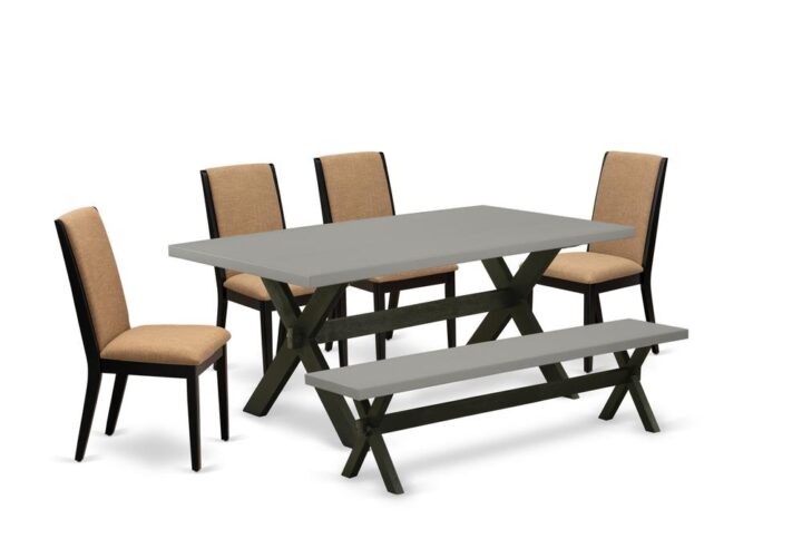 EAST WEST FURNITURE 6-PIECE MODERN DINING TABLE SET WITH 4 MODERN DINING CHAIRS - SMALL BENCH AND RECTANGULAR DINING TABLE