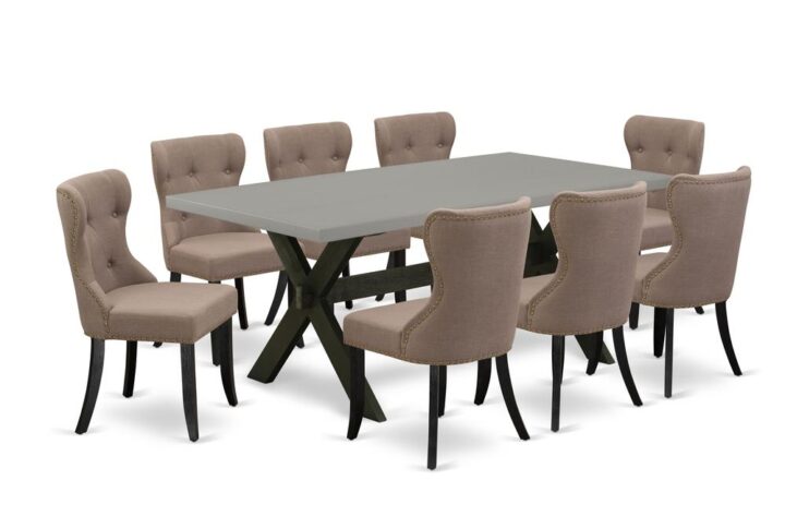 EAST WEST FURNITURE 9-PC DINING ROOM TABLE SET- 8 AMAZING PADDED PARSON CHAIR AND 1 BREAKFAST TABLE