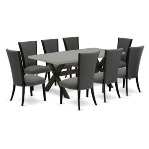 Introducing East West furniture's new furniture set of elegant dining table combined with parson chairs. Impressive Wirebrushed Black and Cement color with cross leg design define this exclusive rectangular dining table and chairs set. Complete with a set of parson chairs