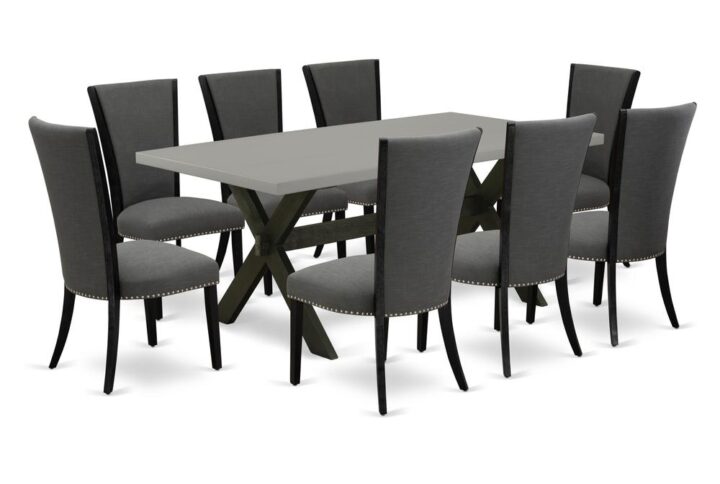 Introducing East West furniture's new furniture set of elegant dining table combined with parson chairs. Impressive Wirebrushed Black and Cement color with cross leg design define this exclusive rectangular dining table and chairs set. Complete with a set of parson chairs