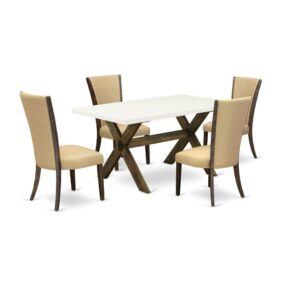 Introducing East West furniture's innovative home furniture set which can turn your house into a home. This special and elegant dining set features a kitchen table combined with Upholstered Dining Chairs. Impressive wood texture with Distressed Jacobean and Linen White color and a cross leg design describe the stability and longevity of the dining table. The ideal dimensions of this kitchen table set made it quite simple to carry