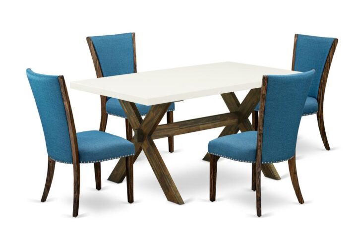 Introducing East West furniture's innovative furniture set that can convert your house into a home. This distinctive and cutting edge dining set comes with a dinette table combined with Upholstered Dining Chairs. Splendid wood texture with Distressed Jacobean and Linen White color and a cross leg design specifies the strength and durability of the kitchen table. The ideal dimensions of this kitchen table set made it quite simple to carry