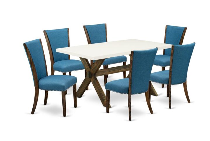 Introducing East West furniture's innovative furniture set that can turn your house into a home. This exclusive and elegant dining set contains a kitchen table combined with Parsons Dining Chairs. Impressive wood texture with Distressed Jacobean and Linen White color and a cross leg design specify the strength and durability of the dining table. The optimal dimensions of this kitchen table set made it quite simple to carry