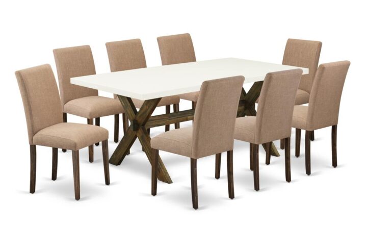 EAST WEST FURNITURE 9 - PIECE KITCHEN TABLE SET INCLUDES 8 UPHOLSTERED DINING CHAIRS AND RECTANGULAR DINING TABLE