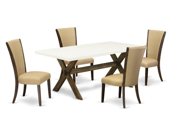 Introducing East West furniture's innovative furniture set which can convert your house into a home. This distinctive and sophisticated dining set consists of a dinette table combined with Parsons Dining Room Chairs. Splendid wood texture with Distressed Jacobean and Linen White color and a cross leg design specify the strength and sustainability of the kitchen table. The perfect dimensions of this dining table set made it quite simple to carry