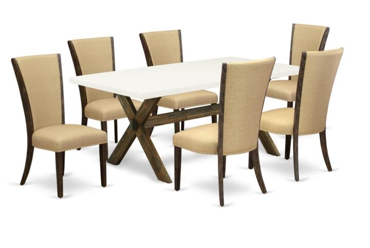 Introducing East West furniture's brand new furniture set which can turn your house into a home. This particular and stylish kitchen set contains a dinette table combined with Parson Chairs. Impressive wood texture with Distressed Jacobean and Linen White color and a cross leg design describe the stability and durability of the kitchen table. The perfect dimensions of this kitchen table set made it quite simple to carry