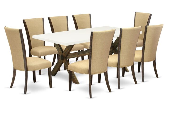 Introducing East West furniture's innovative furniture set which can convert your house into a home. This particular and elegant dining set includes a kitchen table combined with Parsons Dining Room Chairs. Splendid wood texture with Distressed Jacobean and Linen White color and a cross leg design specify the resilience and longevity of the dining table. The perfect dimensions of this kitchen table set made it quite simple to carry