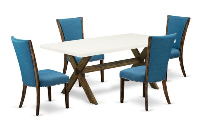 Introducing East West furniture's new home furniture set that can convert your house into a home. This special and sophisticated kitchen set includes a dinette table combined with Parson Dining Chairs. Splendid wood texture with Distressed Jacobean and Linen White color and a cross leg design describe the sturdiness and durability of the kitchen table. The perfect dimensions of this dining table set made it quite simple to carry