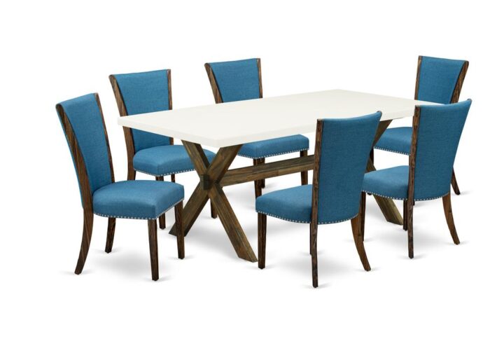 Introducing East West furniture's new furniture set that can transform your house into a home. This distinctive and sophisticated kitchen set consists of a dinette table combined with Parson Chairs. Splendid wood texture with Distressed Jacobean and Linen White color and a cross leg design describe the stability and longevity of the dining table. The perfect dimensions of this kitchen table set made it quite simple to carry