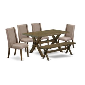 EAST WEST FURNITURE 6-PC MODERN DINING TABLE SET WITH 4 PARSON CHAIRS - SMALL BENCH AND RECTANGULAR WOOD TABLE