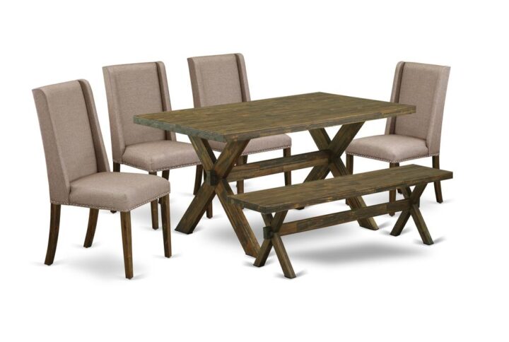 EAST WEST FURNITURE 6-PC MODERN DINING TABLE SET WITH 4 PARSON CHAIRS - SMALL BENCH AND RECTANGULAR WOOD TABLE