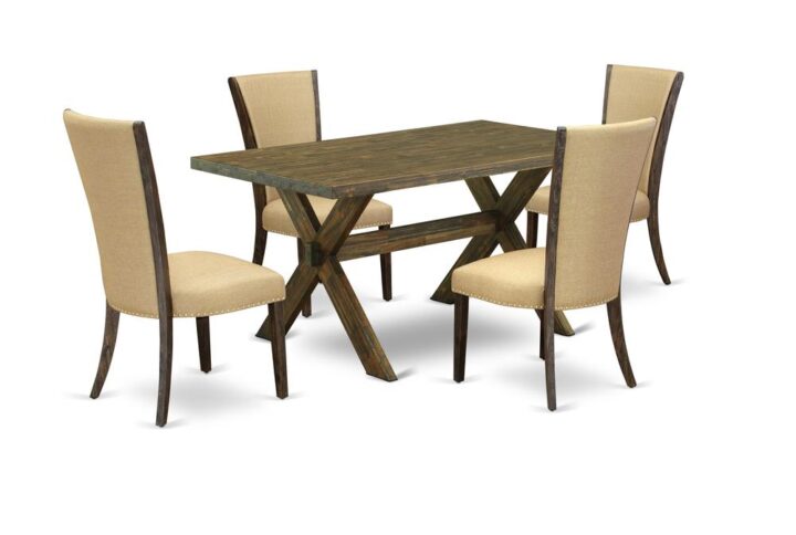 Introducing East West furniture's new home furniture set which can turn your house into a home. This distinctive and fancy kitchen set comes with a dining table combined with Parsons Dining Chairs. Impressive wood texture with Distressed Jacobean color and a cross leg design describes the resilience and longevity of the kitchen table. The optimal dimensions of this kitchen table set made it quite simple to carry