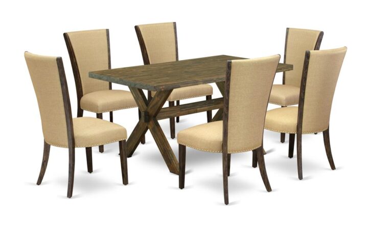 Introducing East West furniture's latest home furniture set that can convert your house into a home. This particular and cutting edge kitchen set contains a dinette table combined with Parson Chairs. Splendid wood texture with Distressed Jacobean color and a cross leg design specifies the strength and longevity of the kitchen table. The optimal dimensions of this dining table set made it quite simple to carry