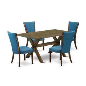 Introducing East West furniture's innovative home furniture set which can transform your house into a home. This particular and elegant dining set includes a kitchen table combined with Parson Chairs. Impressive wood texture with Distressed Jacobean color and a cross leg design describes the strength and durability of the dining table. The ideal dimensions of this dining table set made it quite simple to carry