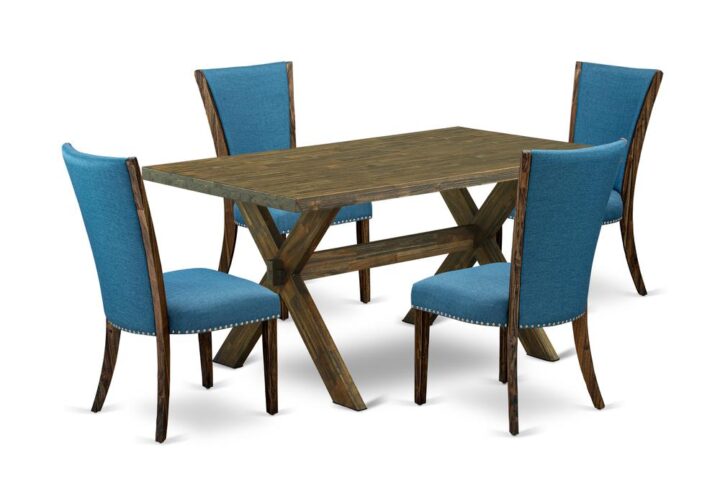 Introducing East West furniture's innovative home furniture set which can transform your house into a home. This particular and elegant dining set includes a kitchen table combined with Parson Chairs. Impressive wood texture with Distressed Jacobean color and a cross leg design describes the strength and durability of the dining table. The ideal dimensions of this dining table set made it quite simple to carry