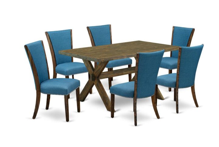 Introducing East West furniture's latest home furniture set which can convert your house into a home. This particular and cutting edge dining set consists of a dinette table combined with Upholstered Dining Chairs. Splendid wood texture with Distressed Jacobean color and a cross leg design describes the resilience and sustainability of the kitchen table. The optimal dimensions of this dining table set made it quite simple to carry