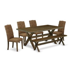 EAST WEST FURNITURE 6-PIECE KITCHEN TABLE SET WITH 4 PADDED PARSON CHAIRS - DINING BENCH AND RECTANGULAR DINING ROOM TABLE