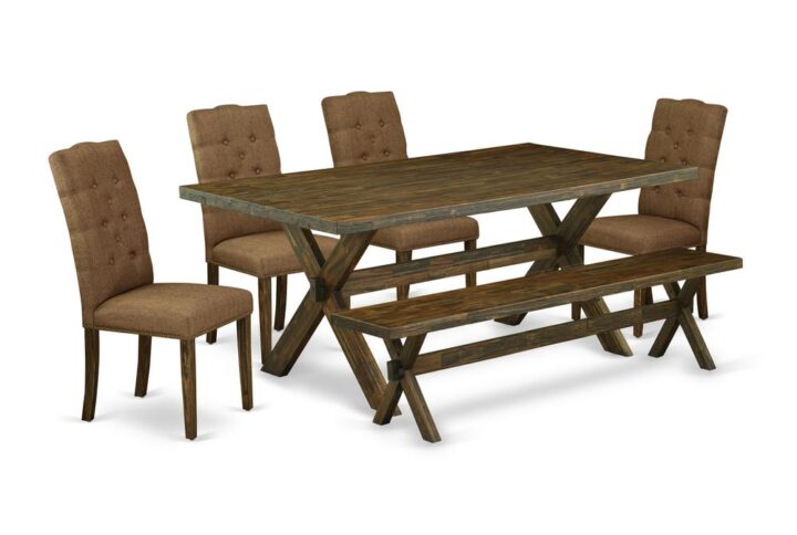EAST WEST FURNITURE 6-PIECE KITCHEN TABLE SET WITH 4 PADDED PARSON CHAIRS - DINING BENCH AND RECTANGULAR DINING ROOM TABLE