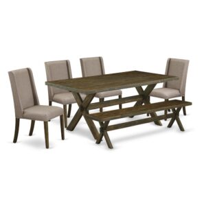 EAST WEST FURNITURE 6-PC DINING ROOM TABLE SET WITH 4 KITCHEN PARSON CHAIRS - SMALL BENCH AND RECTANGULAR DINING TABLE