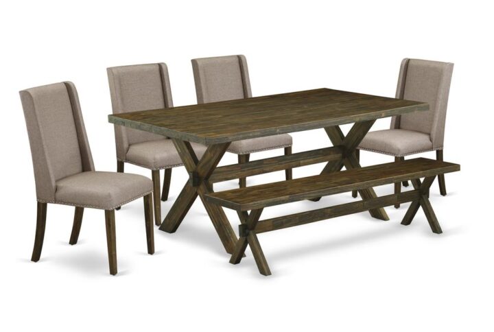 EAST WEST FURNITURE 6-PC DINING ROOM TABLE SET WITH 4 KITCHEN PARSON CHAIRS - SMALL BENCH AND RECTANGULAR DINING TABLE