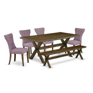 EAST WEST FURNITURE 6-PIECE DINING ROOM TABLE SET WITH 4 DINING CHAIRS - MID CENTURY MODERN BENCH AND RECTANGULAR WOOD TABLE
