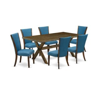 Introducing East West furniture's innovative furniture set that can convert your house into a home. This special and elegant dining set comes with a dinette table combined with Parson Dining Chairs. Impressive wood texture with Distressed Jacobean color and a cross leg design defines the strength and durability of the dining table. The perfect dimensions of this dining table set made it quite simple to carry