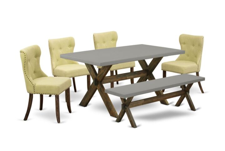 EAST WEST FURNITURE 6-PC DINETTE SET- 4 WONDERFUL UPHOLSTERED DINING CHAIRS AND ONE KITCHEN DINING TABLE WITH KITCHEN BENCH