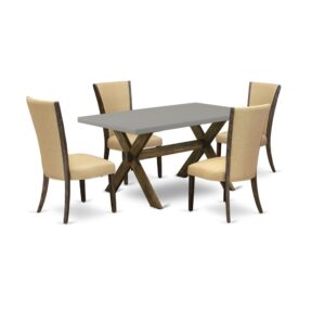 Introducing East West furniture's latest furniture set which can transform your house into a home. This exclusive and elegant dining set includes a kitchen table combined with Parsons Chairs. Impressive wood texture with Distressed Jacobean and Cement color and a cross leg design defines the sturdiness and durability of the kitchen table. The ideal dimensions of this dining table set made it quite simple to carry