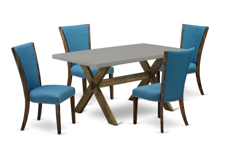 Introducing East West furniture's latest home furniture set that can transform your house into a home. This special and sophisticated kitchen set contains a kitchen table combined with Upholstered Dining Chairs. Impressive wood texture with Distressed Jacobean and Cement color and a cross leg design describes the strength and durability of the kitchen table. The ideal dimensions of this kitchen table set made it quite simple to carry
