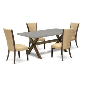 Introducing East West furniture's innovative furniture set which can transform your house into a home. This special and elegant dining set comes with a dining table combined with Parsons Dining Chairs. Impressive wood texture with Distressed Jacobean and Cement color and a cross leg design defines the resilience and longevity of the dining table. The ideal dimensions of this dining table set made it quite simple to carry