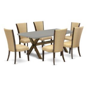 Introducing East West furniture's brand new home furniture set that can turn your house into a home. This distinctive and sophisticated dining set contains a dining table combined with Parsons Chairs. Impressive wood texture with Distressed Jacobean and Cement color and a cross leg design specifies the resilience and sustainability of the kitchen table. The optimal dimensions of this dining table set made it quite simple to carry