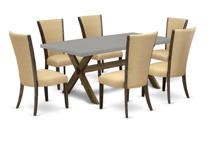 Introducing East West furniture's brand new home furniture set that can turn your house into a home. This distinctive and sophisticated dining set contains a dining table combined with Parsons Chairs. Impressive wood texture with Distressed Jacobean and Cement color and a cross leg design specifies the resilience and sustainability of the kitchen table. The optimal dimensions of this dining table set made it quite simple to carry