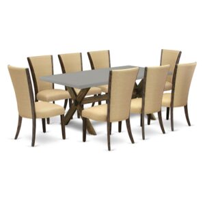 Introducing East West furniture's new home furniture set that can convert your house into a home. This special and cutting edge dining set comes with a dinette table combined with Parsons Dining Room Chairs. Impressive wood texture with Distressed Jacobean and Cement color and a cross leg design defines the strength and sustainability of the dining table. The ideal dimensions of this kitchen table set made it quite simple to carry
