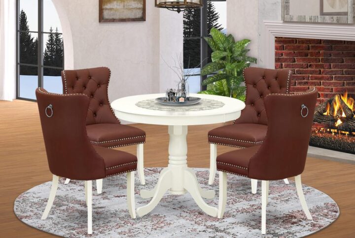 Introducing a stylish and compact 5-piece dining room set that effortlessly combines elegance and practicality. Crafted from durable rubberwood and finished in a classic linen white