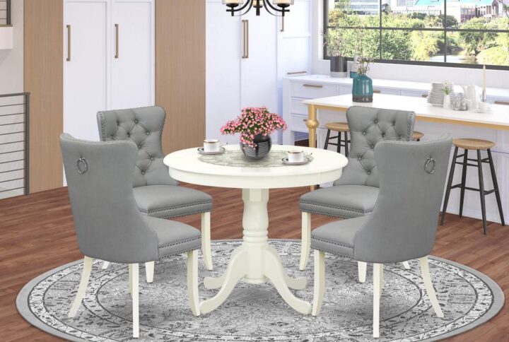 Presenting a stylish and compact 5-piece dining set that effortlessly combines elegance and practicality. Crafted from durable rubberwood and finished in a classic linen white