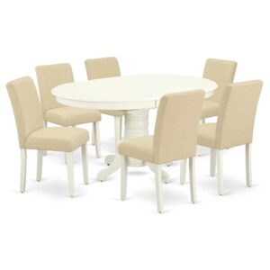 The AVAB7-LWH-02 kitchen dinette set brings an affectionate family feeling in the kitchen space. A comfy and luxurious Linen White color offers any dining area a relaxing and friendly feel with the medium dinette table. The oval shaped dining table features a pedestal base that will furnish your dining area with a sophisticated look. This well-designed and comfortable kitchen table may be used for hours at a time. This spectacular slick kitchen table makes a really good addition for all kitchen space and corresponds all sorts of dining-room concepts. No heat treated pressured wood like MDF