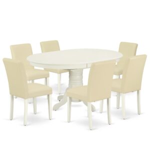 The AVAB7-LWH-64 kitchen dinette set brings an affectionate family feeling in the kitchen space. A comfy and luxurious Linen White color offers any dining area a relaxing and friendly feel with the medium dinette table. The oval shaped dining table features a pedestal base that will furnish your dining area with a sophisticated look. This well-designed and comfortable kitchen table may be used for hours at a time. This spectacular slick kitchen table makes a really good addition for all kitchen space and corresponds all sorts of dining-room concepts. No heat treated pressured wood like MDF