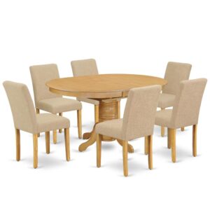 The AVAB7-OAK-04 kitchen dinette set brings an affectionate family feeling in the kitchen space. A comfy and gorgeous Oak color offers any dining area a relaxing and friendly feel with the medium dinette table. The oval shaped dining table features a pedestal base that will furnish your dining area with a sophisticated look. This well-designed and comfortable kitchen table may be used for hours at a time. This spectacular slick kitchen table makes a really good addition for all kitchen space and corresponds all sorts of dining-room concepts. No heat treated pressured wood like MDF