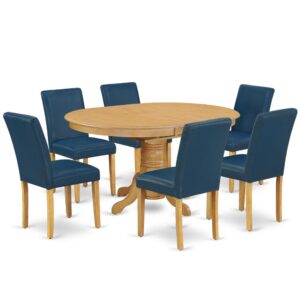 The AVAB7-OAK-55 kitchen dinette set brings an affectionate family feeling in the kitchen space. A comfy and gorgeous Oak color offers any dining area a relaxing and friendly feel with the medium dinette table. The oval shaped dining table features a pedestal base that will furnish your dining area with a sophisticated look. This well-designed and comfortable kitchen table may be used for hours at a time. This spectacular slick kitchen table makes a really good addition for all kitchen space and corresponds all sorts of dining-room concepts. No heat treated pressured wood like MDF