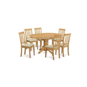 This particular 7-piece Dining room table set material is wood with a fancy Oak finish; the dining chairs offer sophisticated carvings with Linen upholstery providing sufficient support. The table set is a 7-piece set of gorgeous dinette table with a stronger carved pedestal support. The Beveled oval table completes with four strong dining chairs that create warm and comfortable kitchen space environment.