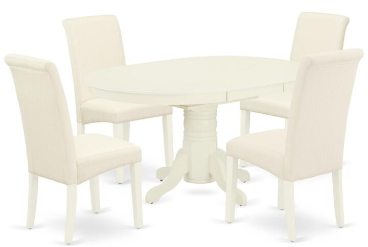The gorgeous AVBA5-LWH-01 dinette set includes a medium size dining table and four parson chairs brings an affectionate family feeling in the kitchen space. A cozy and luxurious linen white color offers any dining-room a relaxing and friendly feel with this particular kitchen table. The oval shape table features a pedestal base that will furnish your dining area with a sophisticated look. With a soft rounded bevel at the edge of the table top